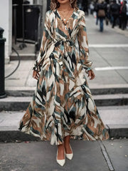 Printed Surplice Long Sleeve Maxi Dress