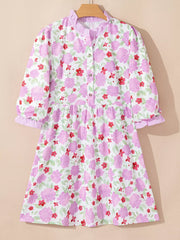 Floral Print Striped Trim Frilled Neck 3/4 Sleeve Flared Mini Dress
