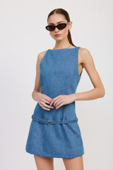 DENIM MINI DRESS WITH LOW WAIST BELT