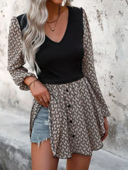 Printed V-Neck Long Sleeve Dress