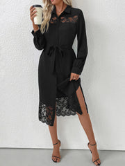 Lace Detail Button-Front Midi Shirt Dress