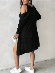 Ribbed Button Front Dress and Cardigan Sweater Set