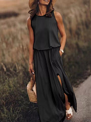 Full Size Round Neck Sleeveless Slit Maxi Dress Plus Size