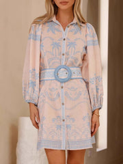 Printed Button Down Shirt Dress with Belt