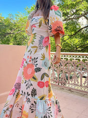 Floral Square Neck Puff Sleeve Maxi Dress with Ruffle Hem