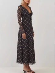 Tie Front Plaid Long Sleeve Dress