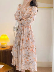 Floral Print Long Sleeve Midi Dress