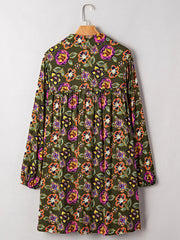 Floral Print Split Neck Bubble Sleeve Shift Mini Dress