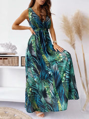 Leaf Print Sleeveless Maxi Dress