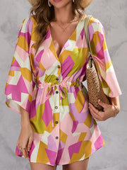 Color Block Drawstring Waist Button Up Dress