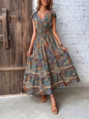 Printed V-Neck Cap Sleeve Dress