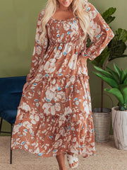 Smocked Printed Long Sleeve Tiered Dress