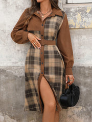 Button Front Plaid Long Sleeve Dress