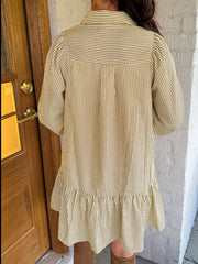 Stripe Collared Neck Cuffed Long Sleeve Drop Waist Mini Dress
