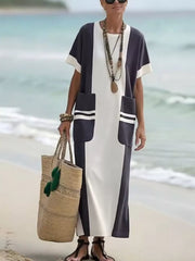 Full Size Color Block Short Sleeve Dress with Pockets Plus Size