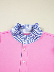 Contrast Striped Collar Patchwork Puff Sleeve Ruffle Hem Mini Dress