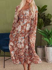 Smocked Printed Long Sleeve Tiered Dress
