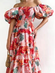 Floral Smocked Puff Sleeve Tiered Dress