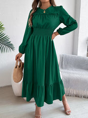 Round Neck Balloon Sleeve Tiered Dress