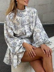 Printed Balloon Sleeve Tie Waist Dress