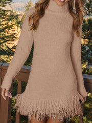 Fringe Turtleneck Long Sleeve Sweater Dress
