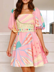 Colorful Print Belted Mini Dress with Puff Sleeves