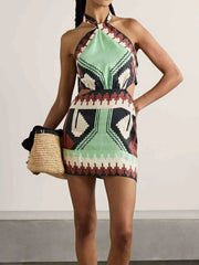 Geometric Print Halter Neck Mini Dress
