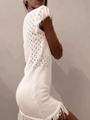 Fringe Crochet Boat Neck Sweater Dress