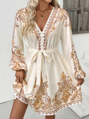 Printed Tie Waist Long Sleeve Dress