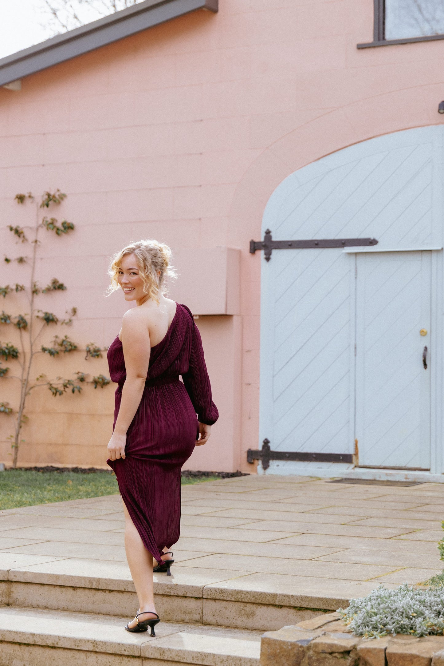 Pontee One Shoulder Pleated Midi Dress - Burgundy