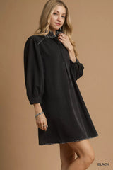 Umgee French Terry Balloon Sleeve Shift Dress with Leopard Print Detail