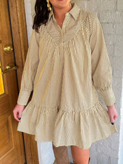 Stripe Collared Neck Cuffed Long Sleeve Drop Waist Mini Dress