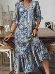 Full Size Bohemian Paisley Print V-Neck Midi Dress Plus Size