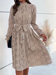 Animal Print Mock Neck Flounce Sleeve Dress