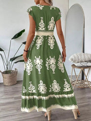 Printed V-Neck Ruffled Cap Sleeve Dress