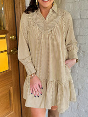 Stripe Collared Neck Cuffed Long Sleeve Drop Waist Mini Dress