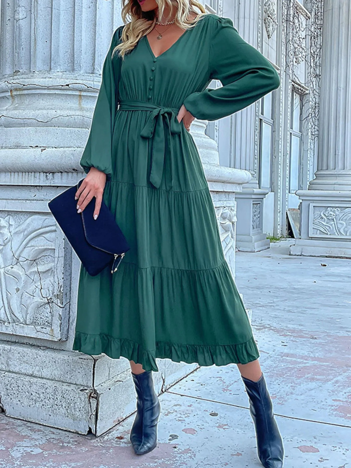 Ruffled Hem V-Neck Balloon Sleeve Dress