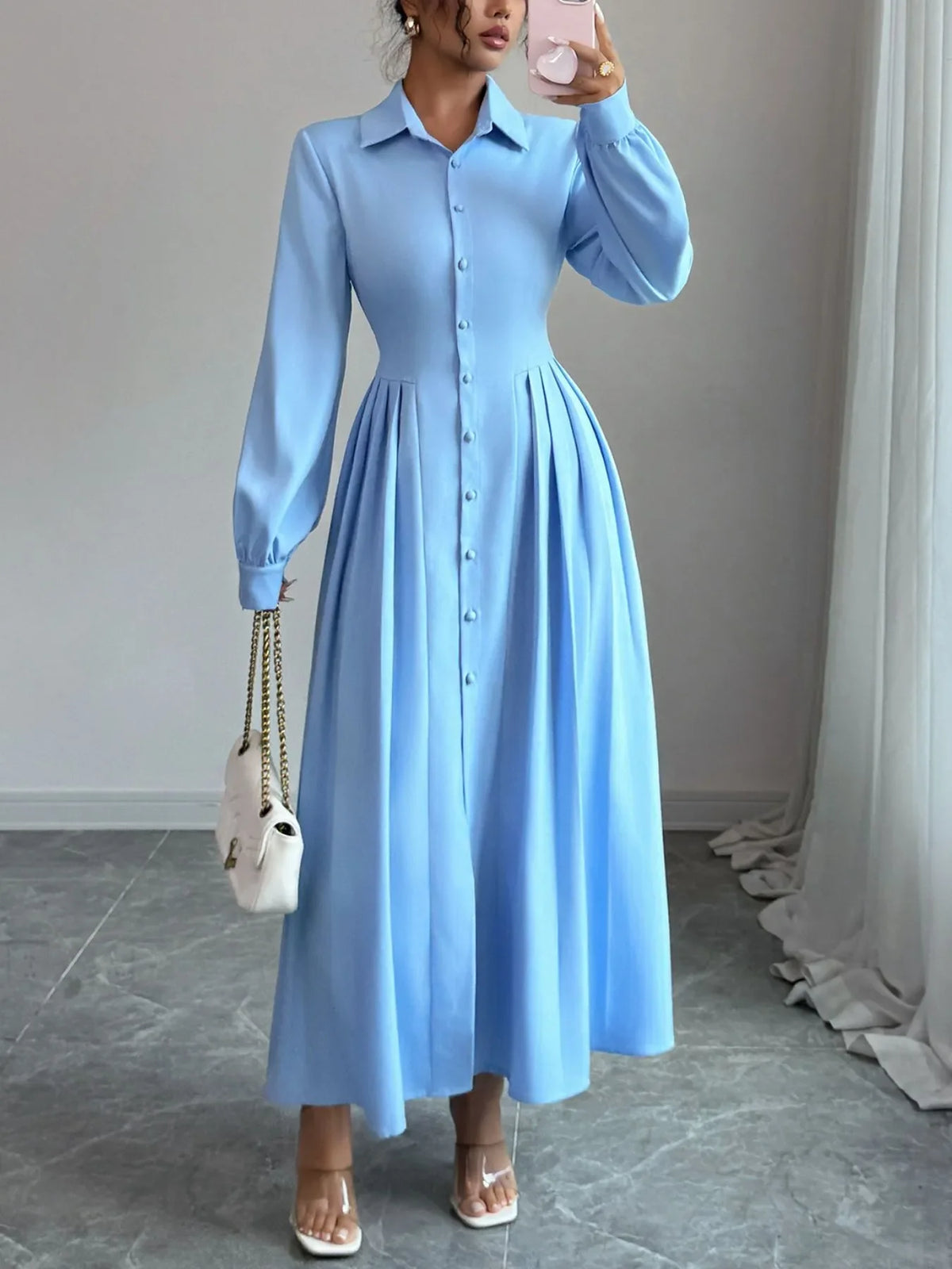 Button-Front Maxi Shirt Dress
