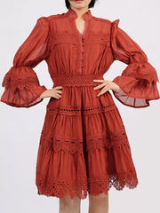 Ruffle Lace Trim Long Sleeve Dress