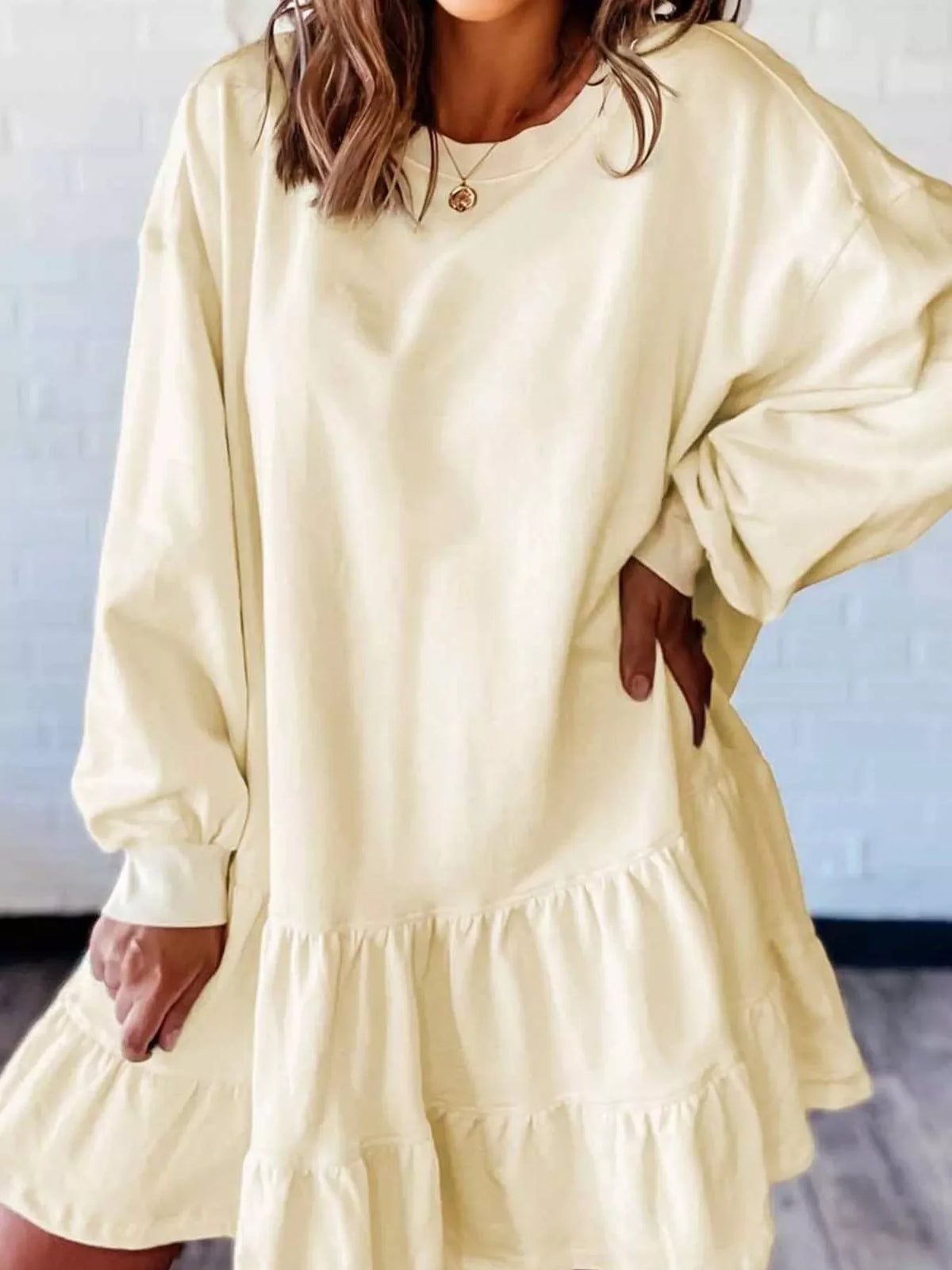 Double Tiered Ruffle Hem Long Sleeve Loose Mini Dress