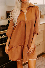 Ruffled Hem Zip Front Texture Dress