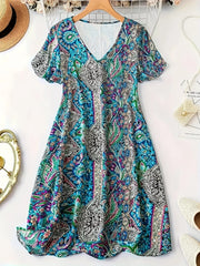 Plus Size Paisley Print V-Neck Short Sleeve Dress