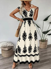 Printed V-Neck Ruffled Cap Sleeve Dress