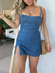Full Size Slit Square Neck Denim Dress Plus Size