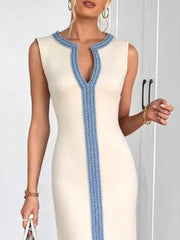 Slit Contrast Notched Sleeveless Dress