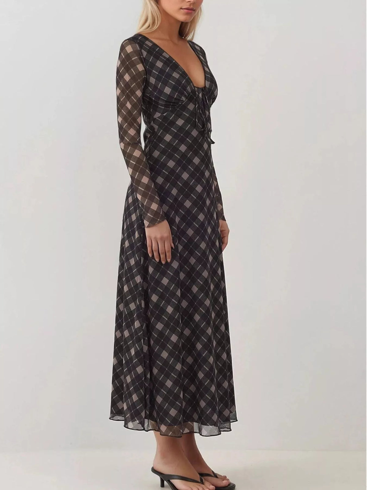 Tie Front Plaid Long Sleeve Dress