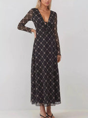 Tie Front Plaid Long Sleeve Dress