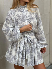 Printed Balloon Sleeve Tie Waist Dress