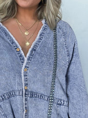 Full Size Button-Front Long Sleeve Denim Shirt Dress Plus Size