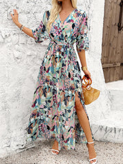 Slit Printed Surplice Half Sleeve Maxi Dress